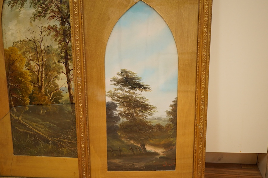 Victorian School, River and woodland landscapes, some indistinctly signed, two pairs of arched oils on board, largest pair 57 x 22cm, glass a.f. to one painting